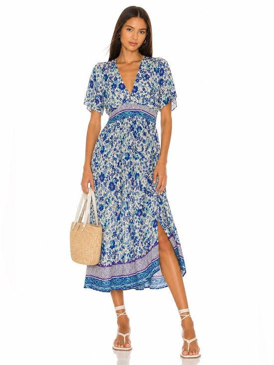 Zara Dresses & Skirts - Zara Blue Floral Boho Midi Dress Empire Waist Short Sleeve